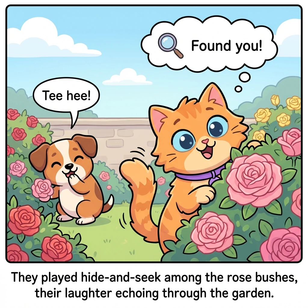 They played hide-and-seek among the rose bushes, their laughter echoing through the garden. Whiskers discovered the joy of making a new friend.