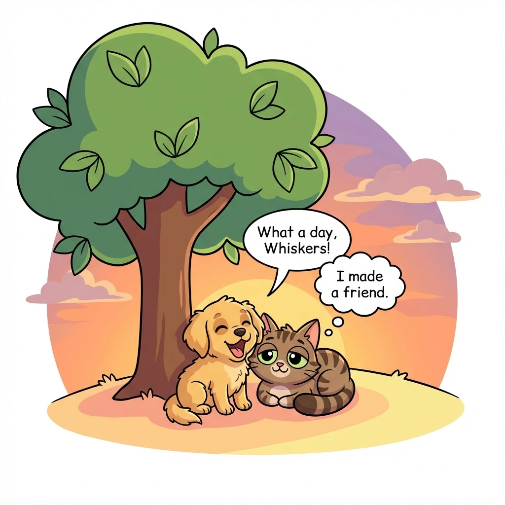 As the sun began to set, Whiskers and the puppy snuggled together under a shady tree, tired but happy.