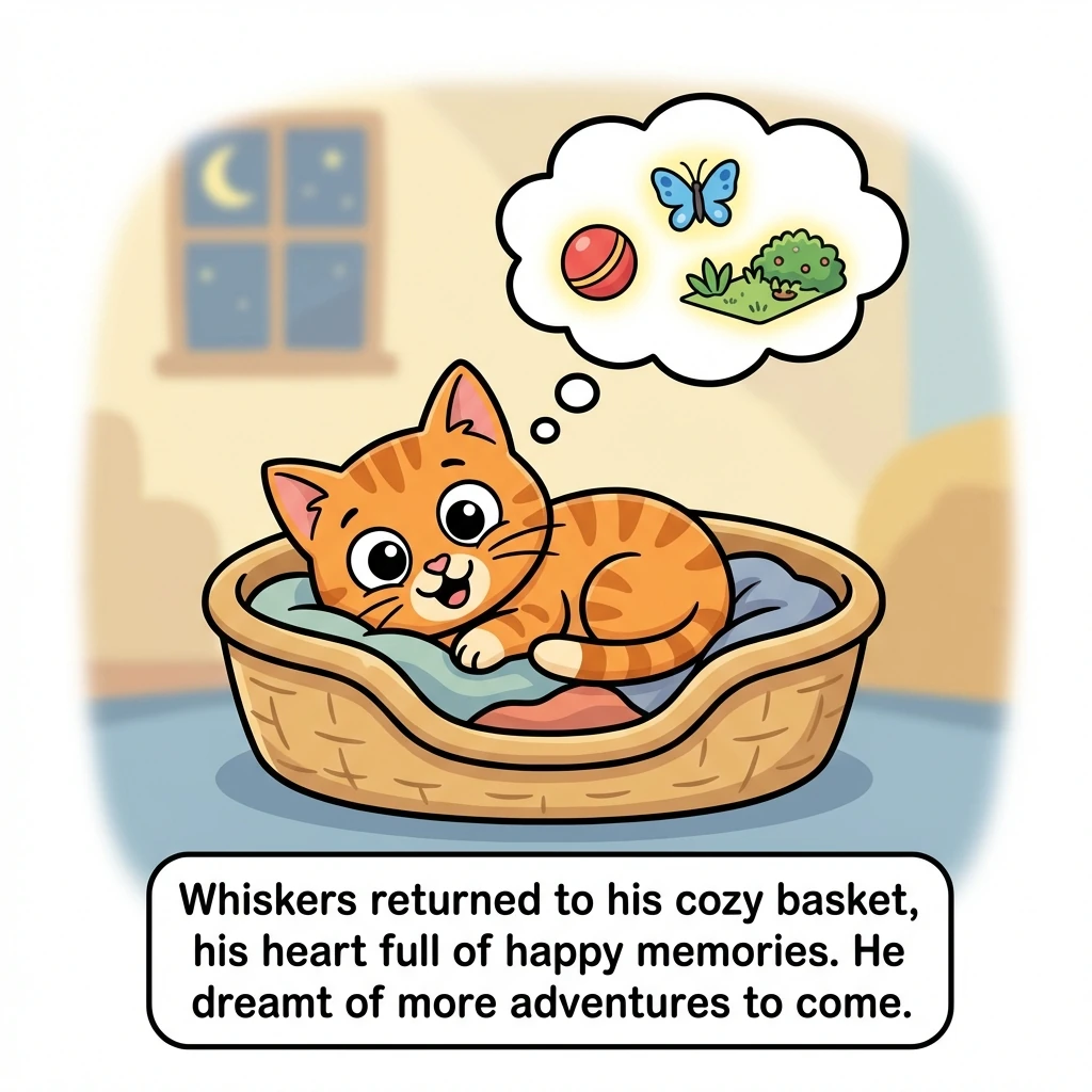 Whiskers returned to his cozy basket, his heart full of happy memories. He dreamt of more adventures to come.