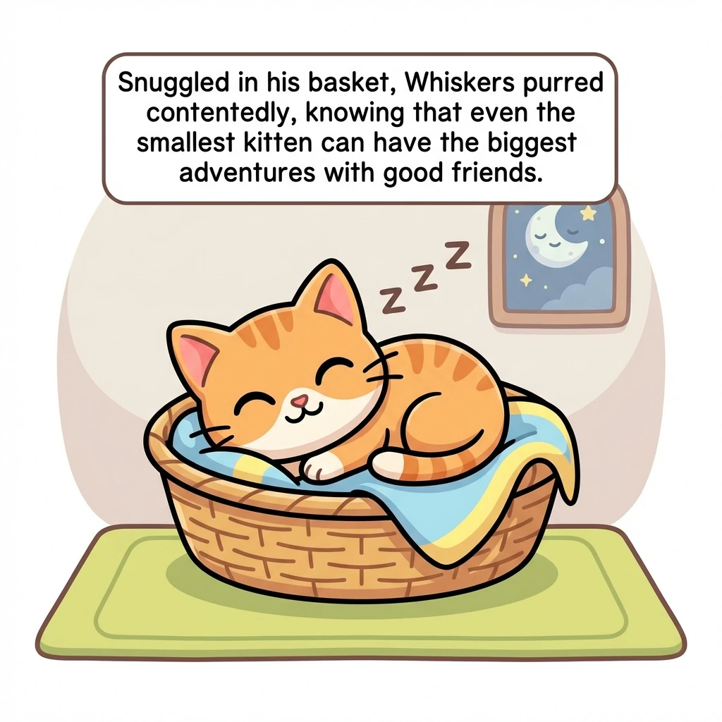 Snuggled in his basket, Whiskers purred contentedly, knowing that even the smallest kitten can have the biggest adventures with good friends.