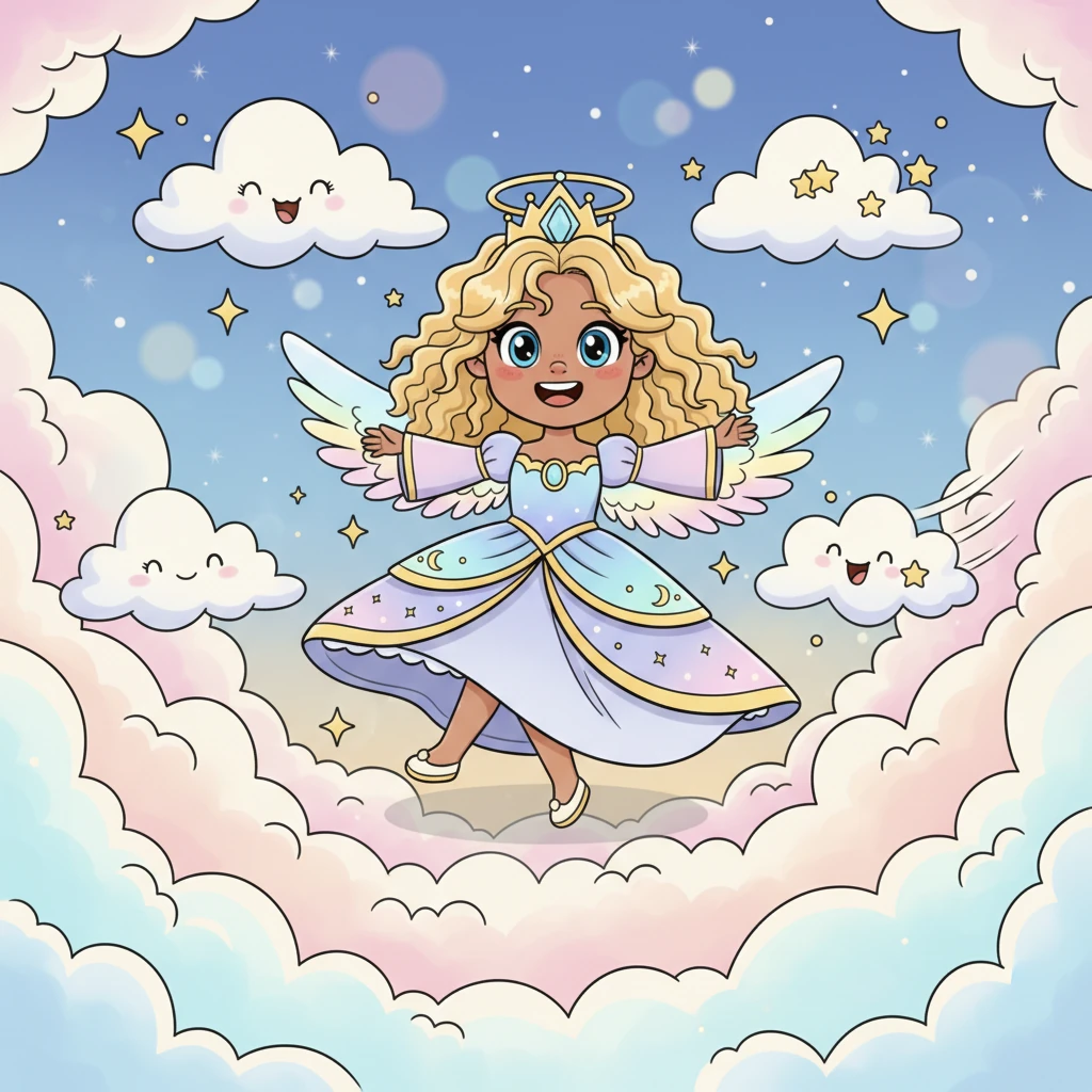 High above the world, in a kingdom made of shimmering clouds and soft starlight, lived Princess Lyra. She had a crown of tiny stars and a giggle that sounded like wind chimes, always dancing among the fluffy, friendly cloud-pals that floated around her.
