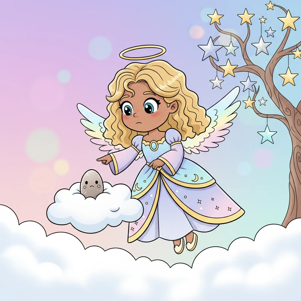 One peaceful morning, Lyra discovered something unusual: a tiny, dull star-seed nestled in a soft cloud. It looked sad and didn't sparkle like the others that grew on the magnificent Great Celestial Tree.