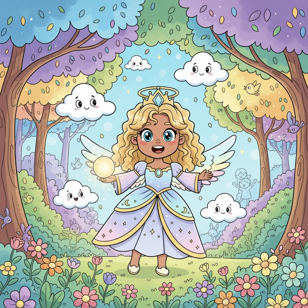 With a gentle descent, Lyra and her cloud companions arrived on Earth, gasping at the sight of bustling forests, rainbow-colored flowers, and the happy sounds of laughter. The star-seed in Lyra's hand pulsed with a faint, hopeful glow.