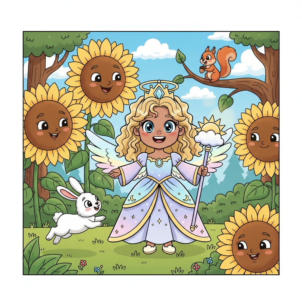 Lyra giggled as she met curious forest creatures—a hopping bunny and a chattering squirrel. She shared her joy, playing hide-and-seek among giant sunflowers, and the star-seed's light grew a little brighter with each happy moment.