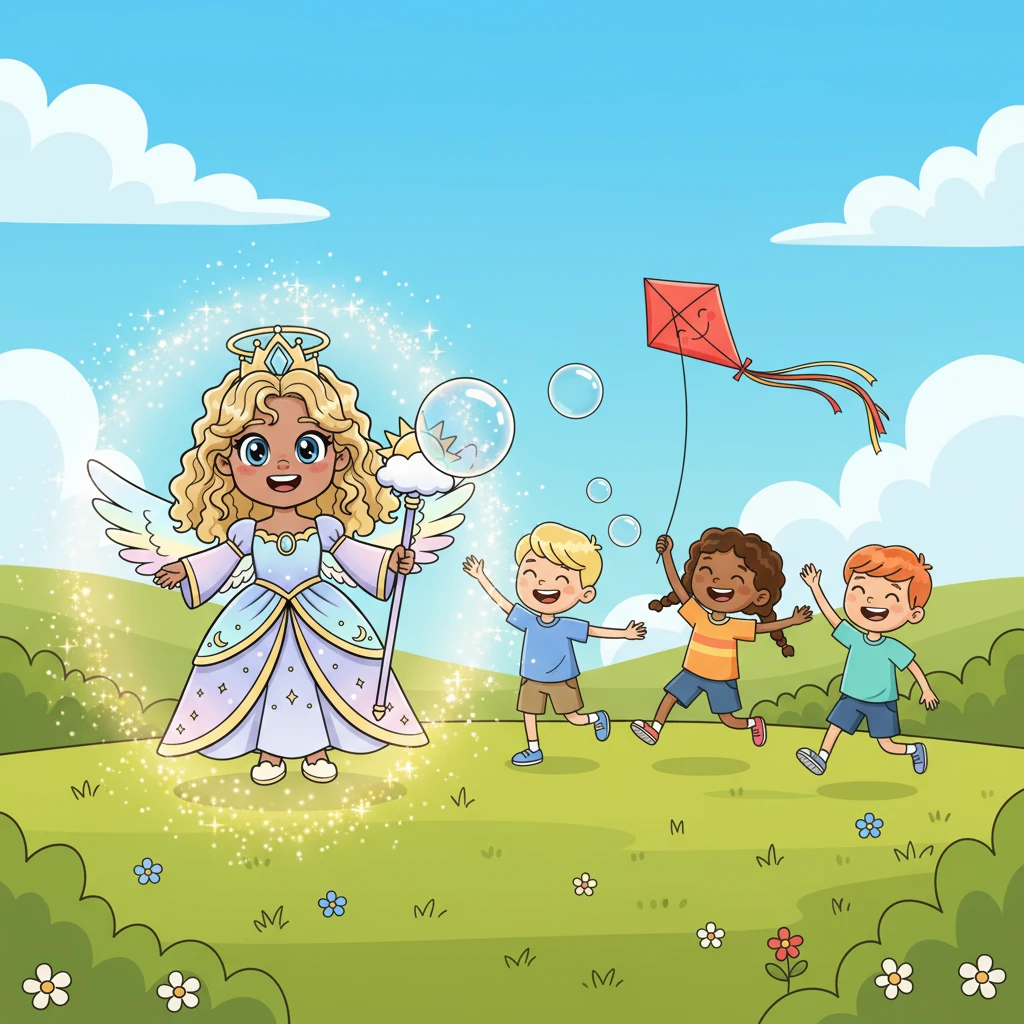 Soon, Lyra spotted children playing in a sunny meadow, chasing bubbles and flying colorful kites. She joined in, her celestial glow blending with their pure delight, and with every shared laugh, the star-seed burst into a magnificent, brilliant sparkle.