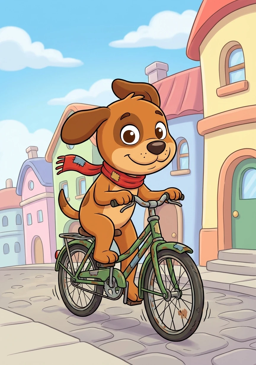 在一个小镇上，住着一只名叫皮皮的小狗。他很穷，只能骑一辆破旧的自行车。