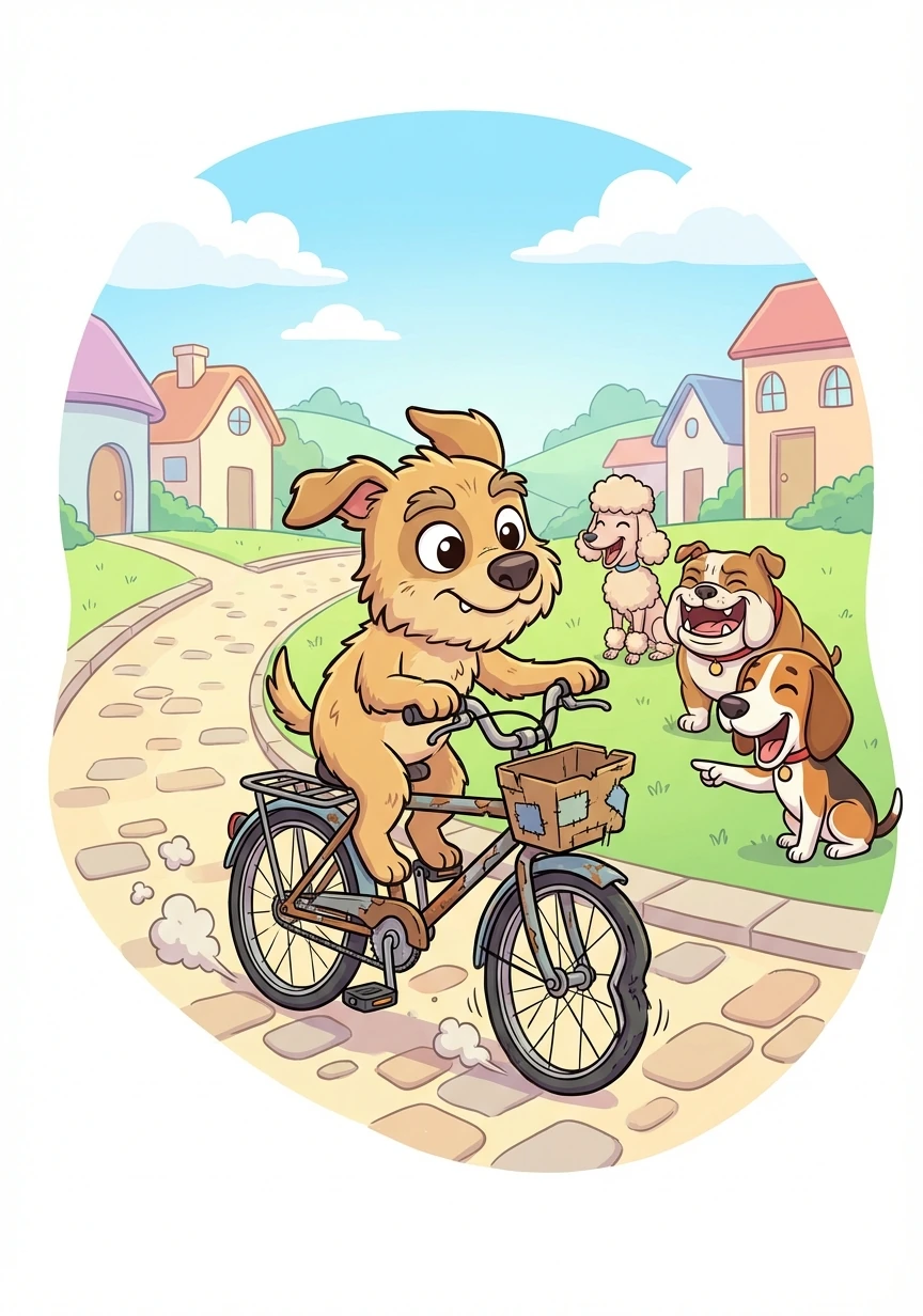 皮皮每天都骑着这辆破旧的自行车去镇上，其他的小狗总是嘲笑他。