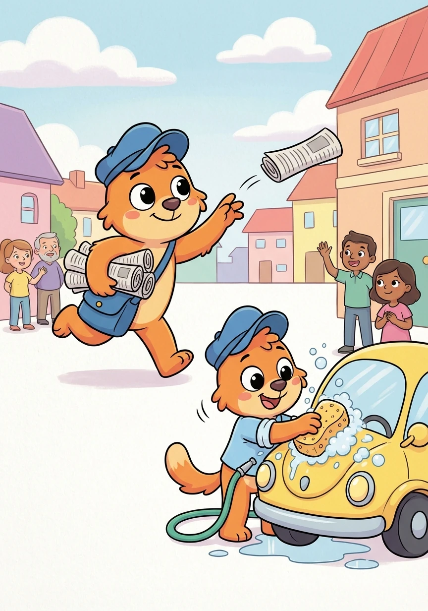 皮皮开始帮镇上的居民跑腿，送报纸，洗车，他什么都做，非常努力。