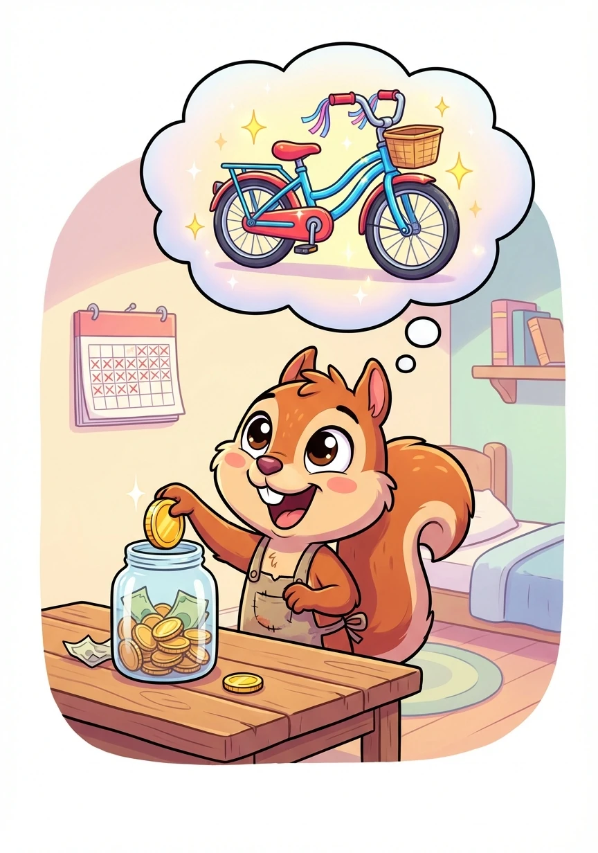 他每天都省吃俭用，把赚来的钱都存起来。他的梦想是拥有一辆闪闪发光的新自行车。