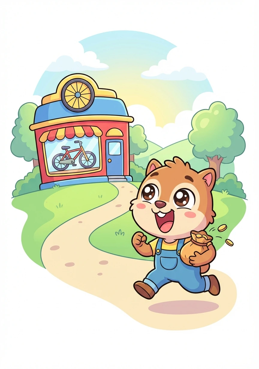 经过一段时间的努力，皮皮终于攒够了买新自行车的钱！他兴奋地跑向镇上唯一的自行车店。