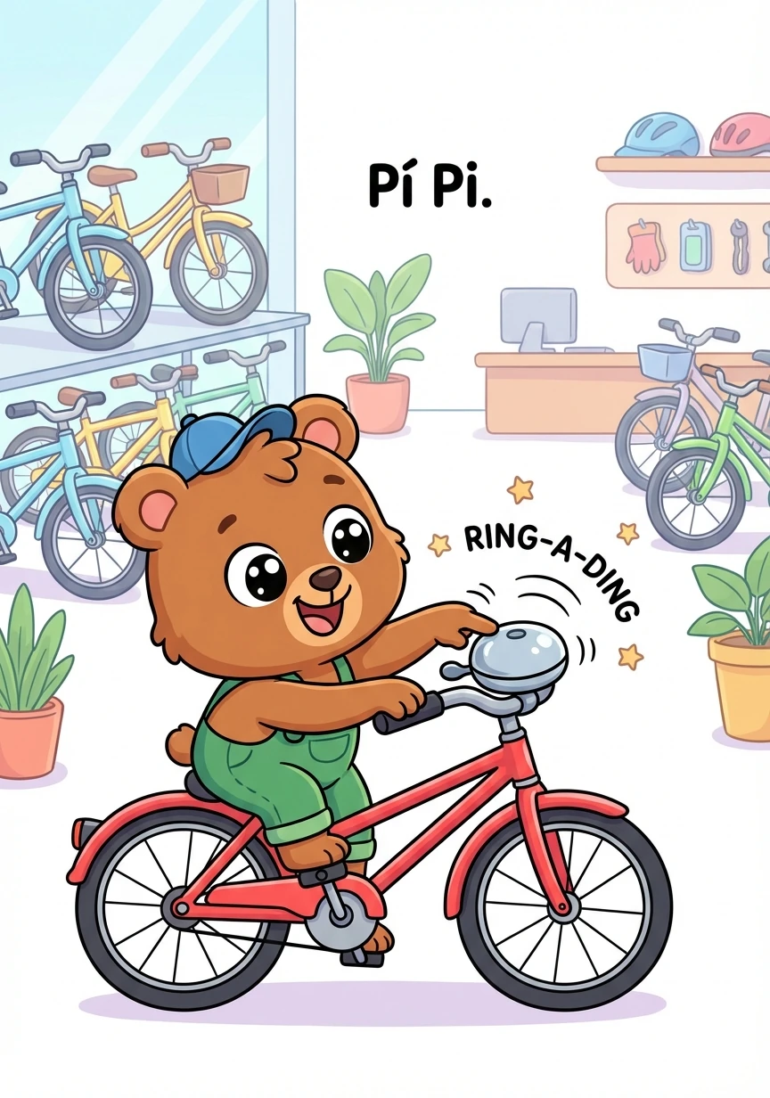 在自行车店里，皮皮看到了各种各样的新自行车，他选了一辆他最喜欢的，红色的，带铃铛的。