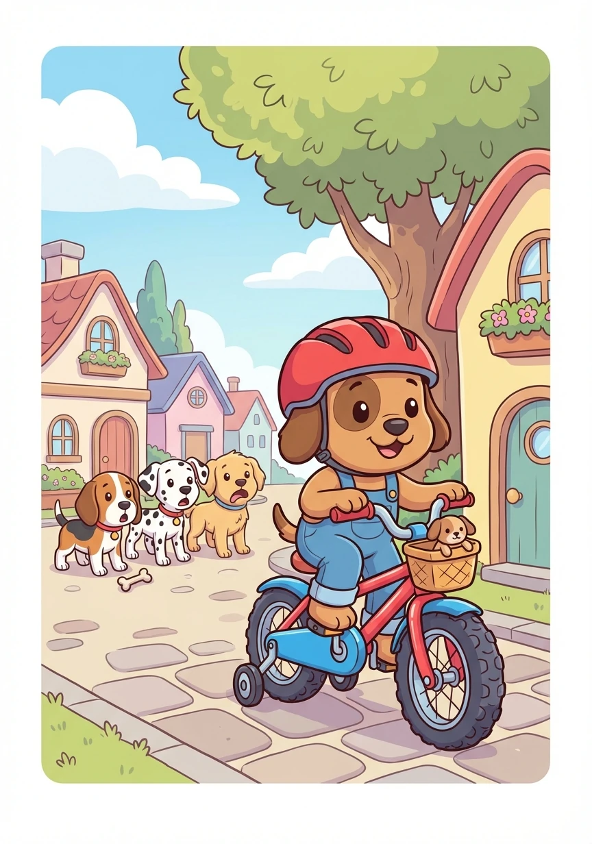 皮皮骑着崭新的自行车回到镇上，其他的小狗们都惊呆了，他们再也不敢嘲笑皮皮了。