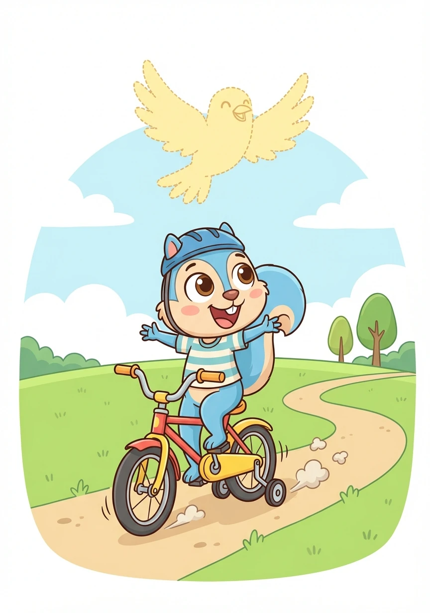 皮皮开心地骑着新自行车，他觉得自己就像一只快乐的小鸟，自由自在。