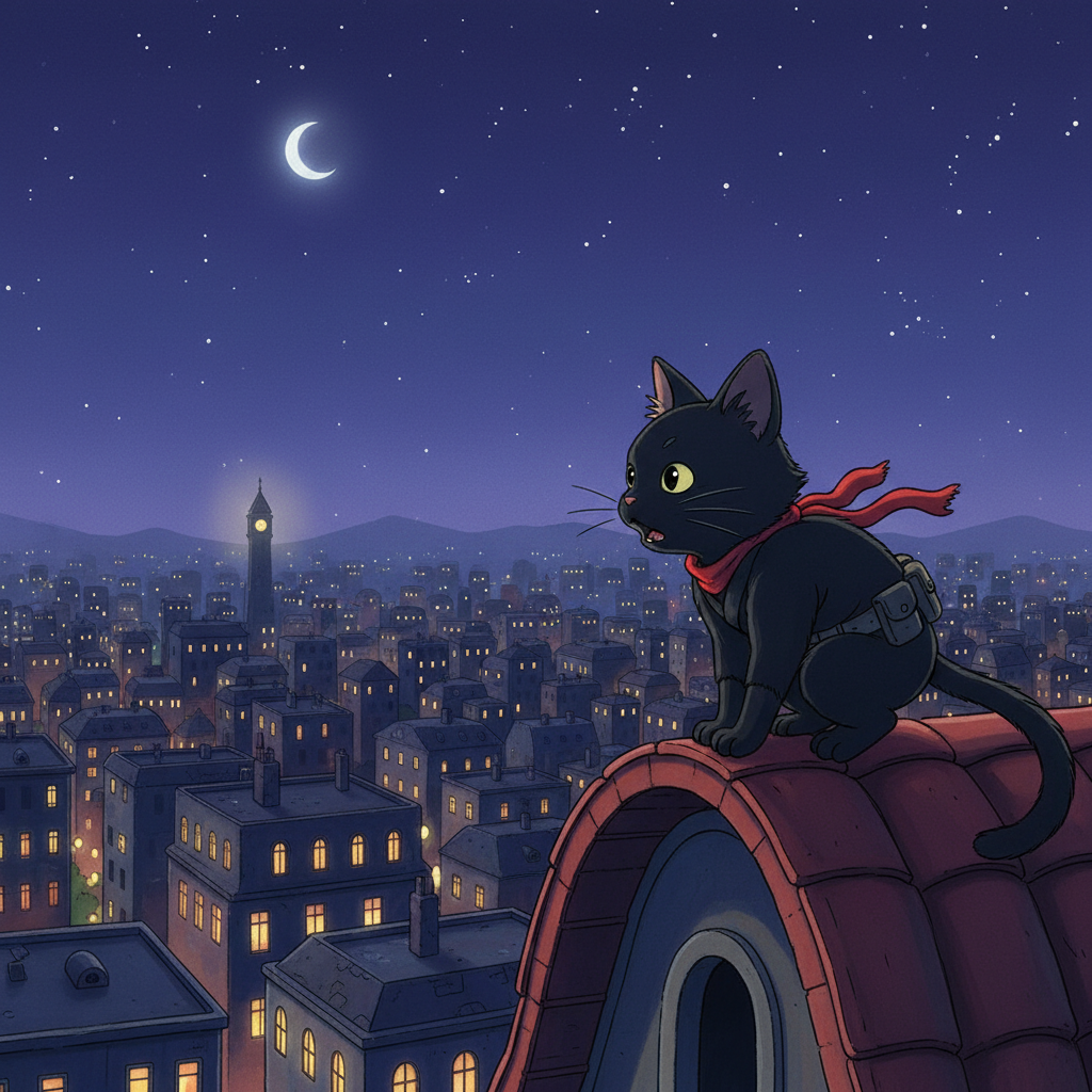 High above the sleeping city, the night sky is alive with twinkling stars and glowing windows. A small, determined figure in a sleek black outfit crouches on the edge of a tiled roof, gazing out at the urban expanse. The wind rustles Ninja Cat's whiskers as he whispers into the cool air, ready to begin his most important task yet.