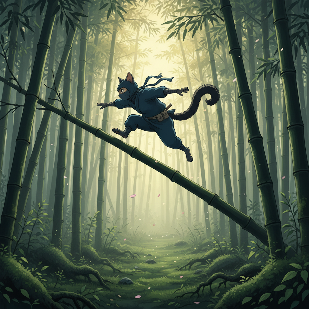 Deep within a secluded bamboo forest, the air is thick with the scent of fresh leaves and morning dew. Ninja Cat moves like a phantom among the stalks, practicing leaps that defy gravity and landings softer than a falling petal. His tail flicks with precision as he masters the ancient art of shadow-stealth, preparing his body and mind for the dangers ahead.