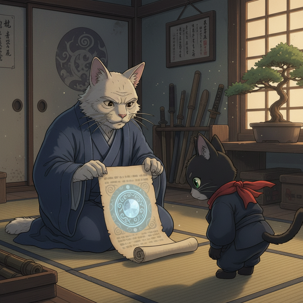 In the dimly lit dojo, the wise Elder Cat unrolls an ancient scroll, revealing an illustration of a radiant, magical stone. The mentor’s eyes are serious as he explains the gravity of the situation, entrusting his student with the recovery of the stolen Moonlight Gem. Ninja Cat bows respectfully, his heart swelling with a mix of pride and determination to succeed.