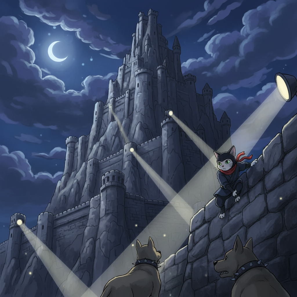 Under the heavy cloak of darkness, the enemy fortress looms large and intimidating against the night sky. Ninja Cat scales the high stone walls with silent paws, carefully avoiding the sweeping beams of security lights and the watchful eyes of patrolling guard dogs. Every muscle is tense as he whispers a reminder to himself to stay invisible and alert.