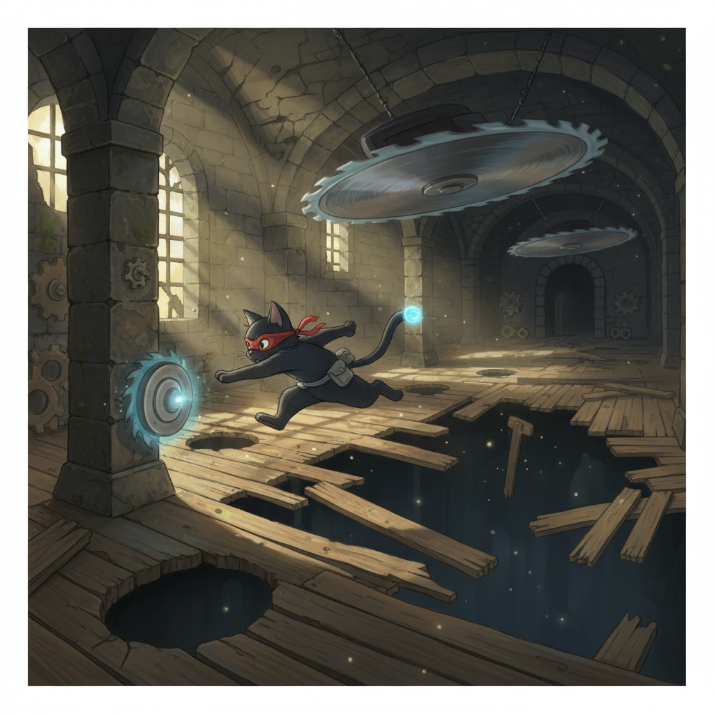 The interior of the fortress is a treacherous maze designed to stop intruders in their tracks. Floors threaten to collapse under the slightest weight, and sharp blades spin menacingly from the ceiling, but Ninja Cat is undeterred. He leaps and rolls with breathtaking agility, using the tip of his tail to trigger safety switches just in the nick of time.