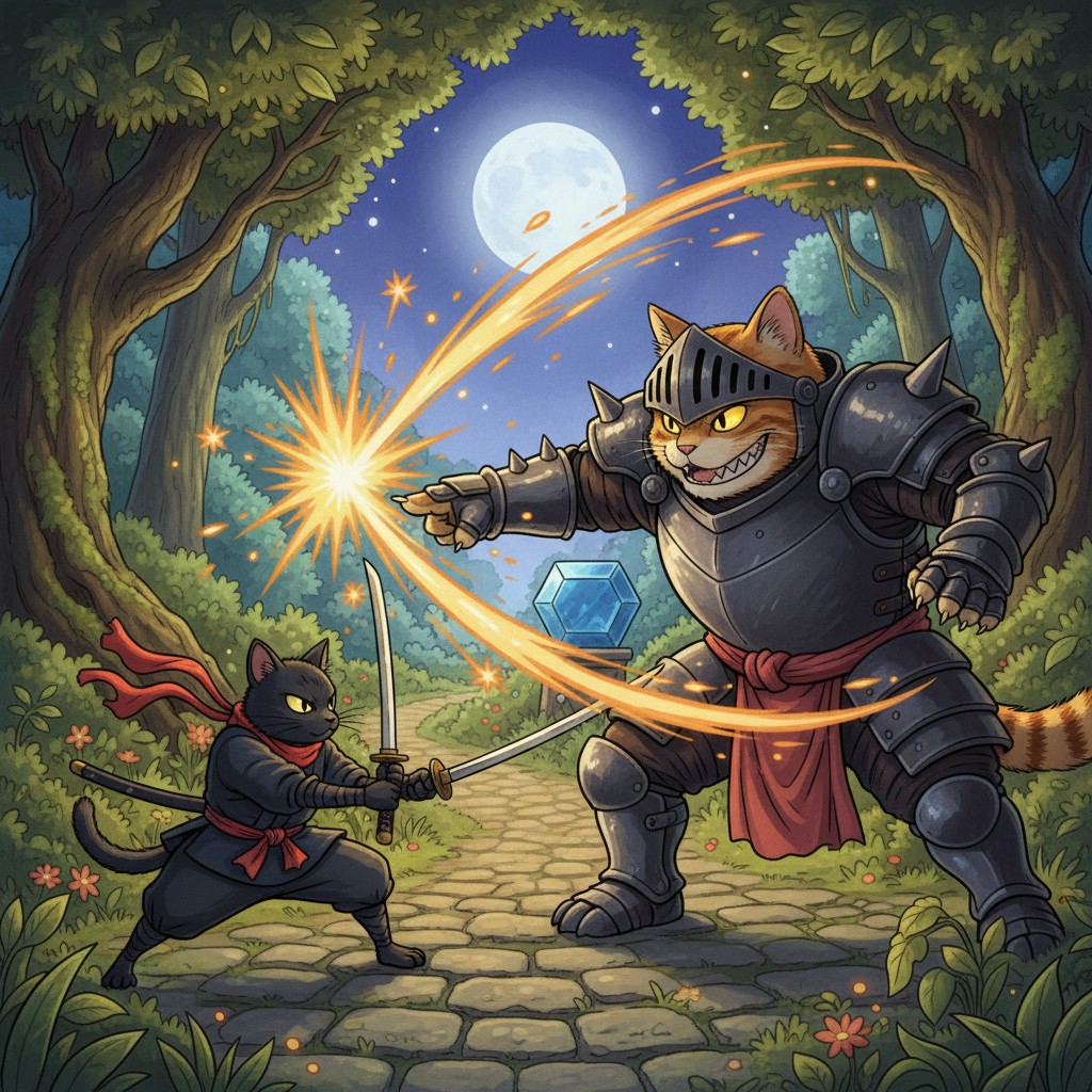 Suddenly, the path forward is blocked by a formidable opponent clad in dark armor, eyes gleaming with challenge. The enemy cat sneers, warning that the gem will not be taken easily, but Ninja Cat stands his ground with a confident stance. Sparks fly as they engage in a swift, acrobatic duel, their movements a blur of skill and speed.