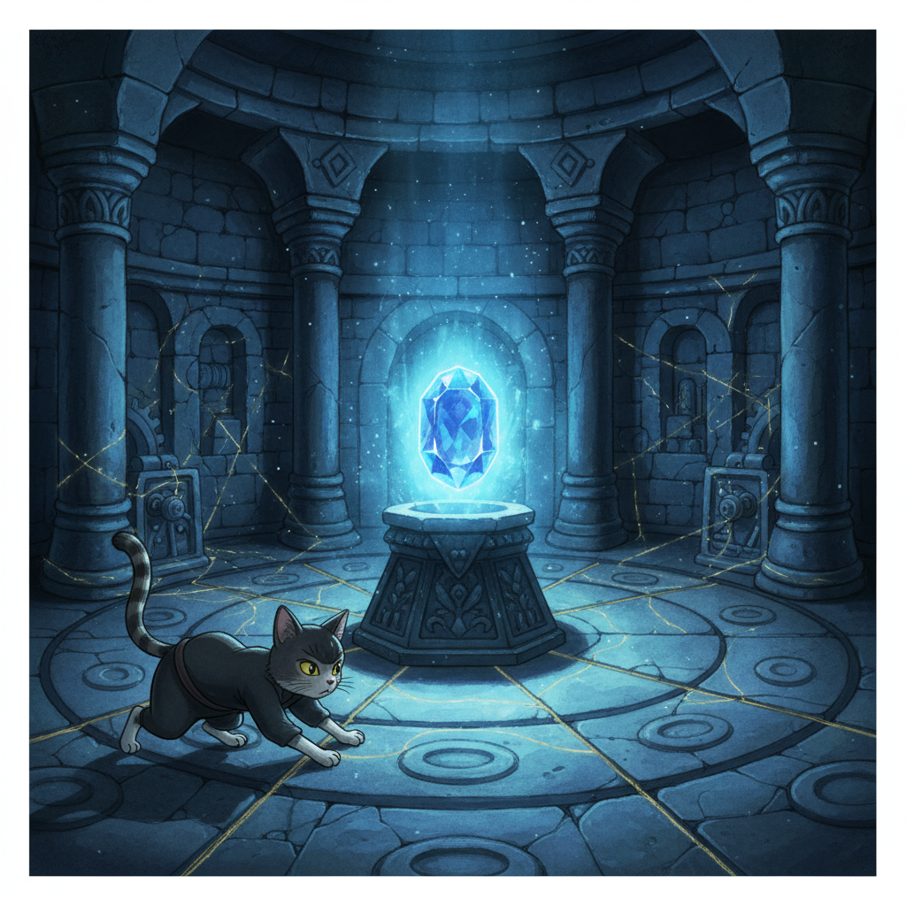 In the heart of the fortress, the Moonlight Gem rests on a pedestal, casting a mesmerizing blue glow that lights up the dark chamber. Ninja Cat approaches with agonizing slowness, knowing that one wrong step could trigger a cascade of alarms. He holds his breath, eyes locked on the prize, moving like a ghost across the floor.