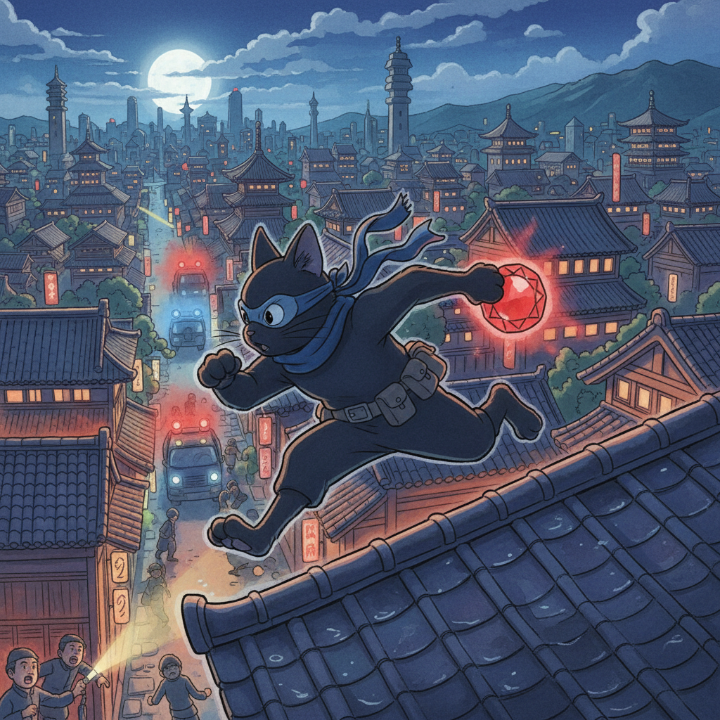 With the gem safely secured in his paw, the silence shatters as sirens wail and red lights flash wildly. Ninja Cat bursts into motion, sprinting across the rooftops with desperate speed as guards shout in the distance. He leaps across wide alleyways, a silhouette against the moon, disappearing into the safety of the intricate city skyline.