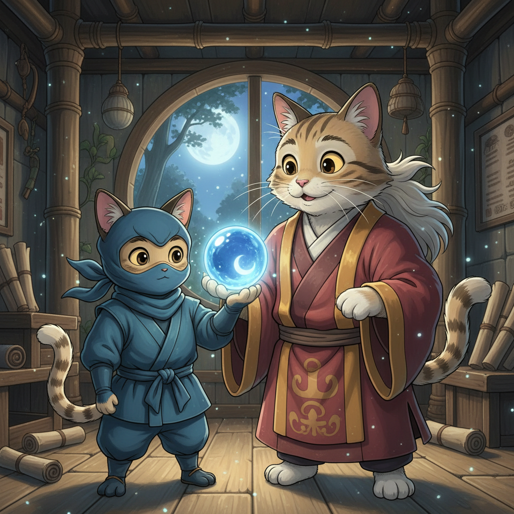 Back in the safety of the hidden dojo, the tension melts away as Ninja Cat presents the retrieved treasure to his mentor. The Moonlight Gem sparkles brilliantly under the soft light, reflecting the pride in the Elder Cat’s eyes. A quiet moment of triumph passes between them, acknowledging a job perfectly executed.