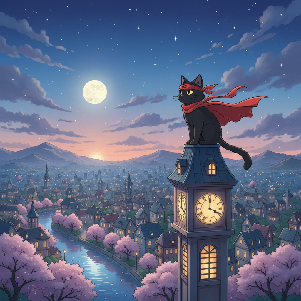 As night falls over the city once more, the world returns to its peaceful rhythm, but a hero's work is never truly done. Ninja Cat perches atop his favorite lookout, the cool breeze ruffling his fur as he scans the horizon with renewed determination. With a confident whisper, he vows to be even faster and stealthier for whatever adventure awaits him next.