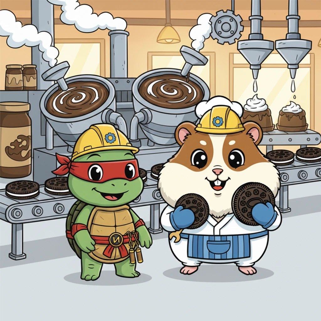 Oreo the hamster and Ninja the turtle arrived at the Whirly-Swirly Oreo Factory, their eyes wide with excitement. Giant cookie machinery hummed around them, filling the air with the sweet smell of chocolate and cream. Best friends, they were ready for another day of delicious work, their tiny hard hats gleaming.