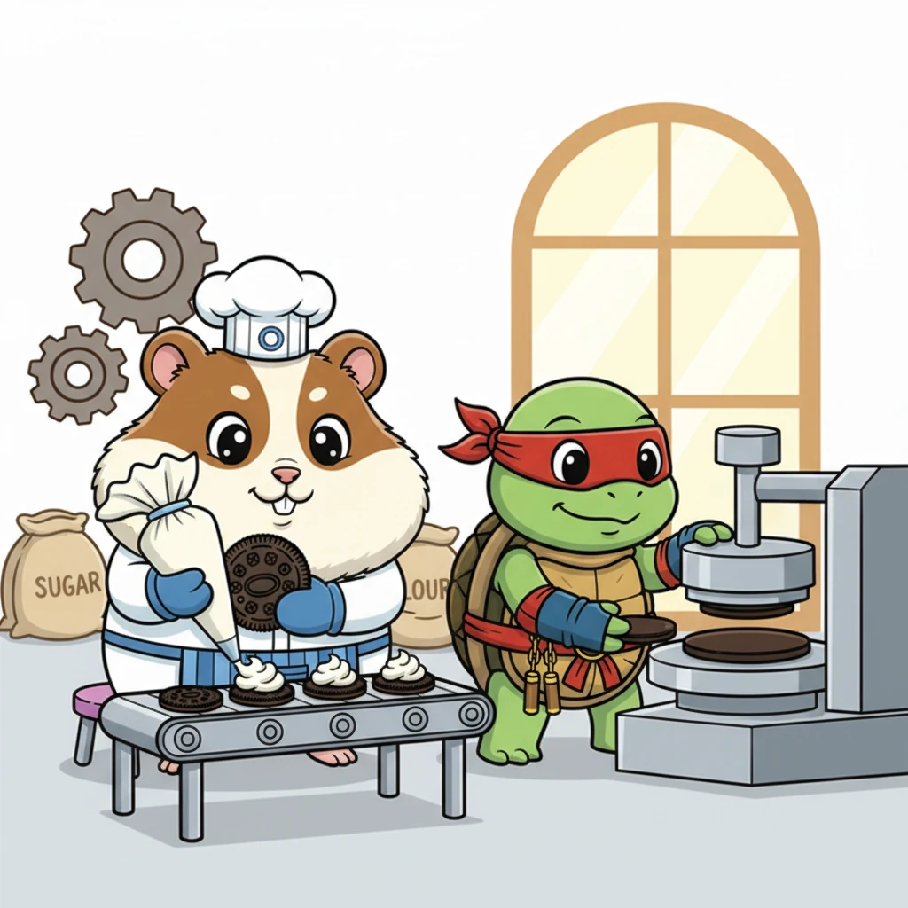 Oreo, nimble and quick, took his place at the cream-filling station, carefully piping the fluffy white cream onto freshly baked wafers. Meanwhile, Ninja, slow and steady, monitored the chocolate wafer press, ensuring each cookie was perfectly round and crisp. They worked in perfect harmony, a tiny, efficient duo.