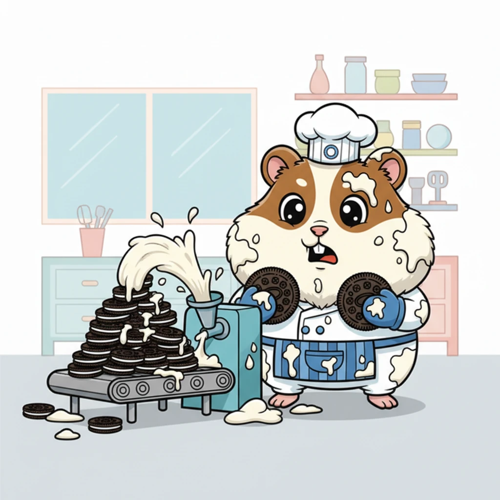 Suddenly, the cream-filling machine began to sputter and jam, spewing a messy glob of white cream everywhere! Oreo looked alarmed, his fur now dotted with sweet goo, as the conveyor belt ground to a halt. A mountain of unfilled cookie wafers piled up, threatening to spill over.