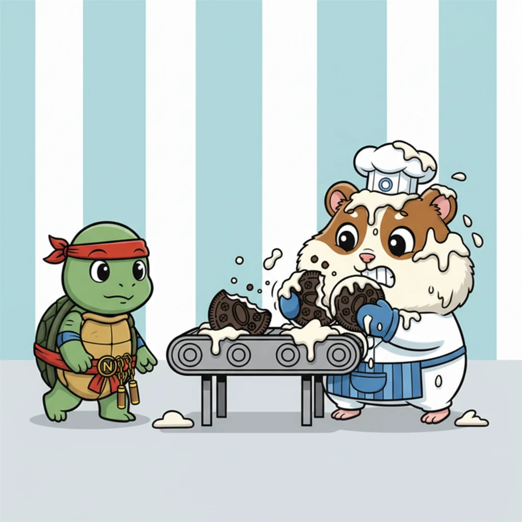 Ever calm, Ninja slowly waddled over to inspect the malfunctioning machine, his wise eyes scanning for a solution. Oreo, covered in cream, frantically tried to clear the blockage with his tiny paws, accidentally making an even bigger, stickier mess. They knew they had to fix it fast.