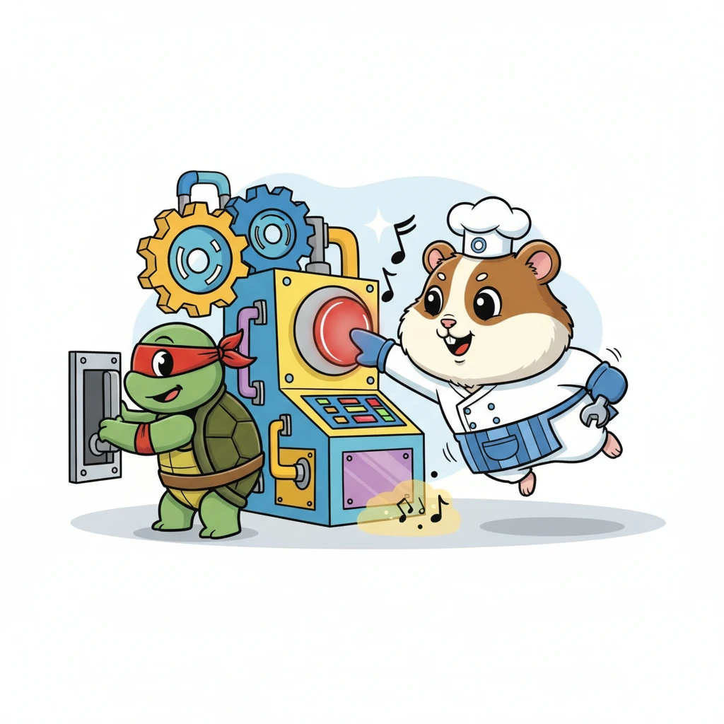 Working together, Ninja used his sturdy shell to nudge a tricky, hidden lever. With a mighty leap, Oreo pressed a glowing red button that Ninja pointed out with his nose, just in the nick of time! The machine whirred back to life with a triumphant hum.