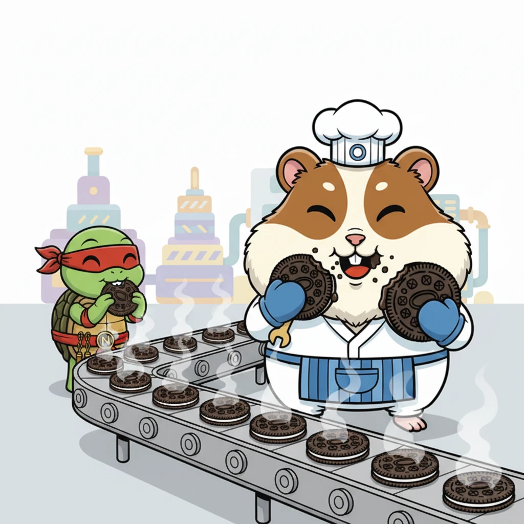 Before heading home, they each grabbed a fresh, warm Oreo straight off the line, taking a big, satisfying bite. It was the perfect, well-deserved reward for two hardworking friends at the amazing Whirly-Swirly Oreo Factory. Mmm, delicious!