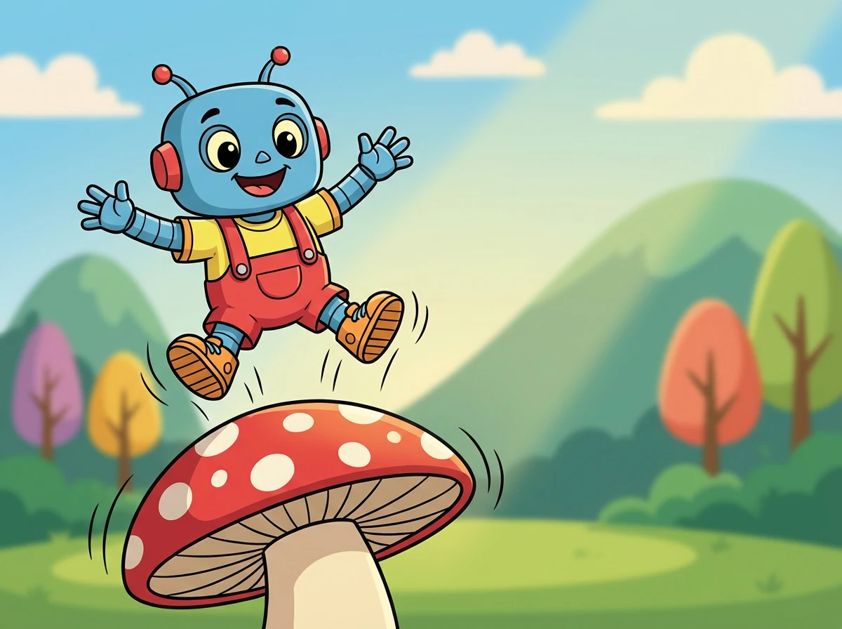 He zoomed through space, a metal streak,
to a planet made of candy, oh so sweet! He saw a Gummy Bear, green and grand,
and offered him a helping robotic hand.