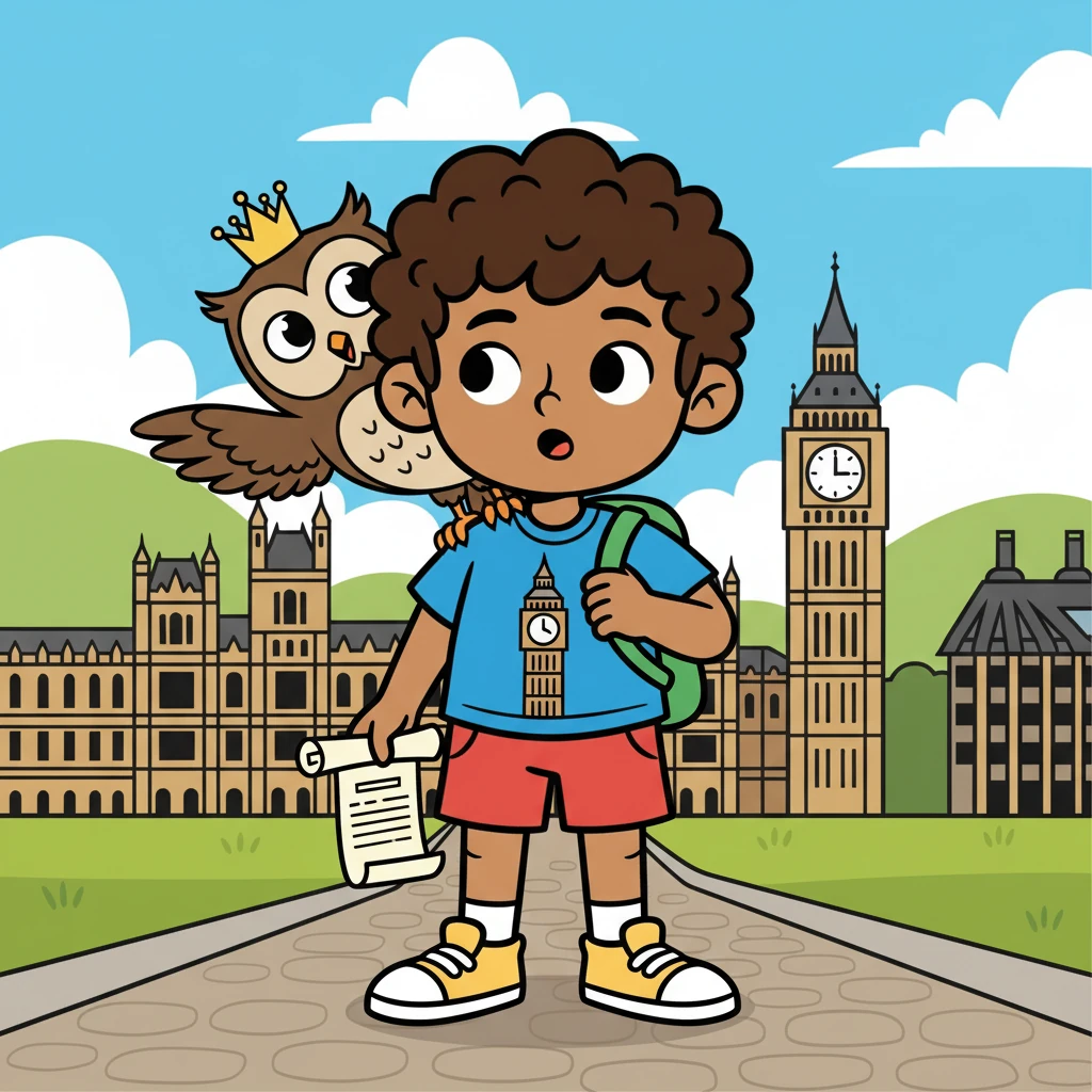 A wise-cracking owl with a tiny crown landed on Ravbinder's shoulder. 'Yo, Rav! Welcome to the world of UK politics! We gotta sort out this whole 'participation crisis' thing, yeah?' The owl winked, clearly in charge.