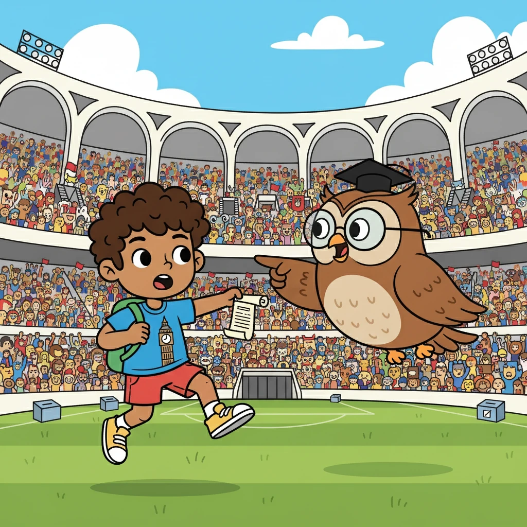 First stop: a massive stadium filled with cheering crowds. 'This is Election Day!' the owl hooted. 'But look around, turnout's low, and the mandates ain't strong. The government's claim to power is weak!'