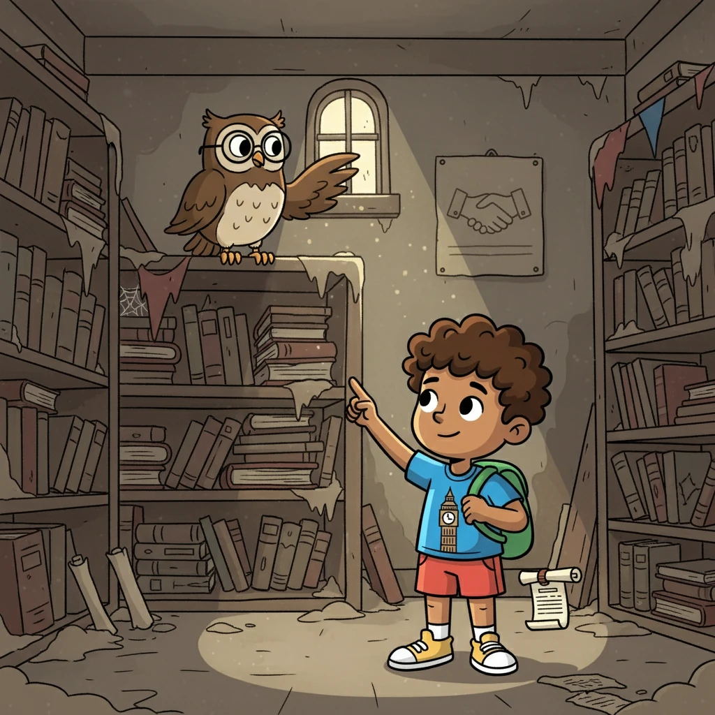 Then, Ravbinder found himself inside a dusty old building. 'This is Party HQ,' the owl explained. 'Membership is dwindling! Only a tiny percentage of people are in parties anymore! It's sad, innit?'