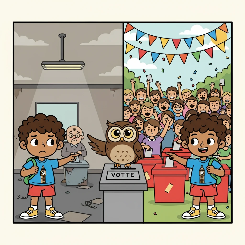 The owl took Ravbinder to a split screen. One side showed a vibrant, well-attended election; the other, a sparsely populated polling station. 'See the difference?' the owl asked. 'Voting gives a clear mandate!'