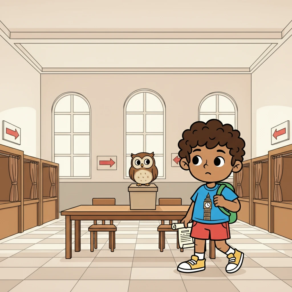 Ravbinder saw an empty polling station, representing the low voter turnout in modern UK. The owl explained that it meant the government's claim to power was weakened.