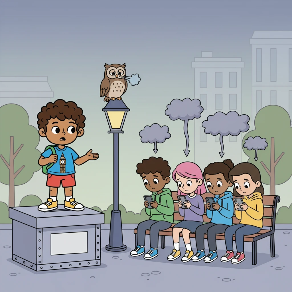 He saw a group of young people, disengaged and cynical, scrolling through their phones instead of participating in elections. 'Hapathy, innit?' the owl sighed. 'People don't care, or think it doesn't matter!'