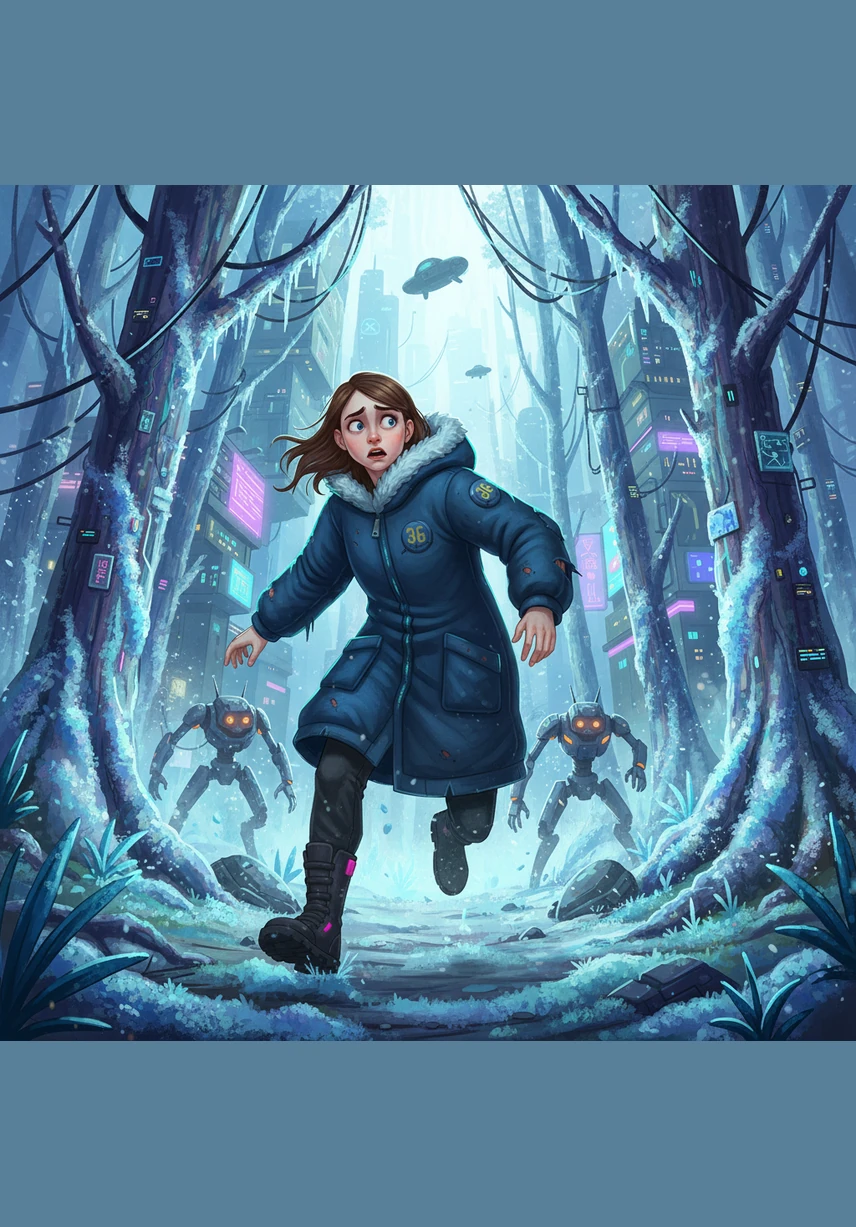 Alina saw a small, familiar silhouette standing motionless between the frost-covered trunks in the distance. She ran toward the figure, her heart racing with a desperate mix of relief and growing dread as she approached the clearing.