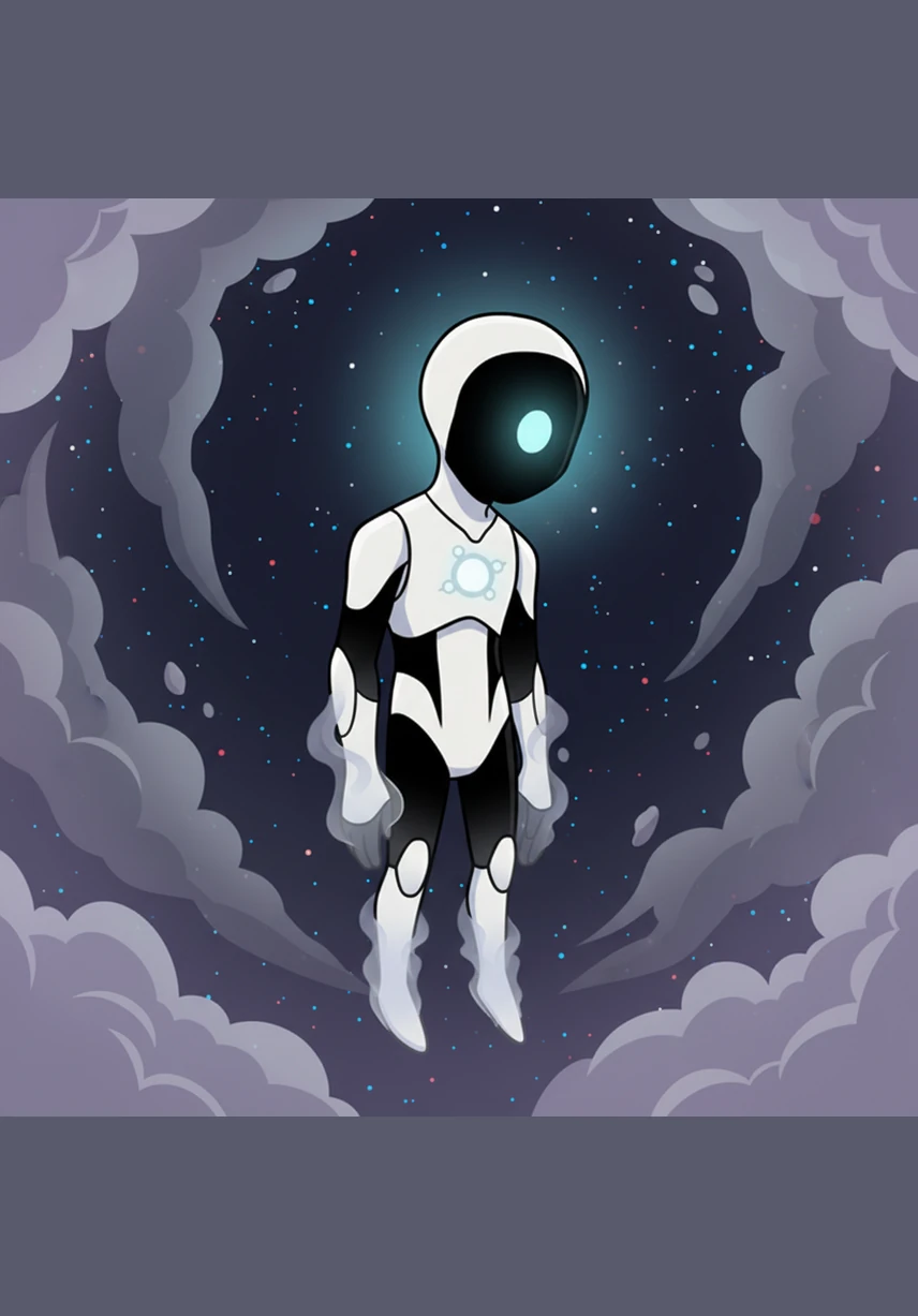 Echo drifts through the ethereal mists of the Nebula of Sighs, a solitary figure of monochromatic beauty. His sleek, pale frame is broken by deep patches of absolute darkness, and a single circular aperture on his face breathes in the faint light of distant stars.