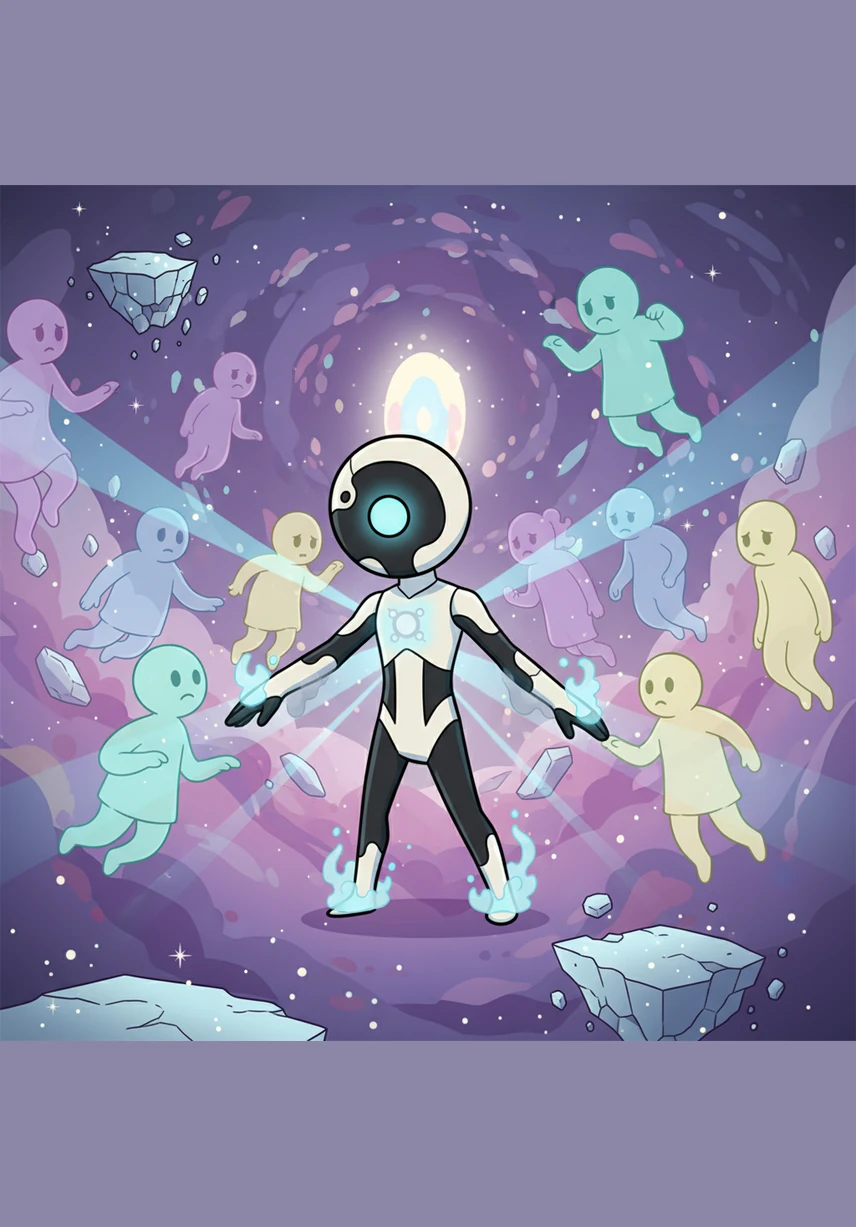 In the interstitial space between dimensions, the last red dwarf stars gutter out like dying candles in a cavernous hall. A heavy, cosmic melancholy hangs over the graveyard of galaxies, marking the quiet approach of the universe's final twilight.