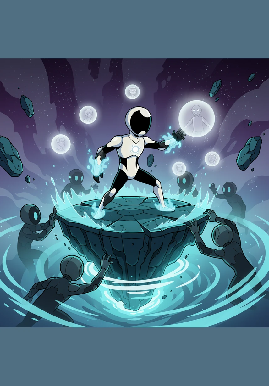 Echo’s density shifts as he prepares for the confrontation, his pale form hardening into a streak of obsidian light. He surges forward with purposeful momentum, the dark patches on his skin expanding to fuel his desperate charge toward the chaos.