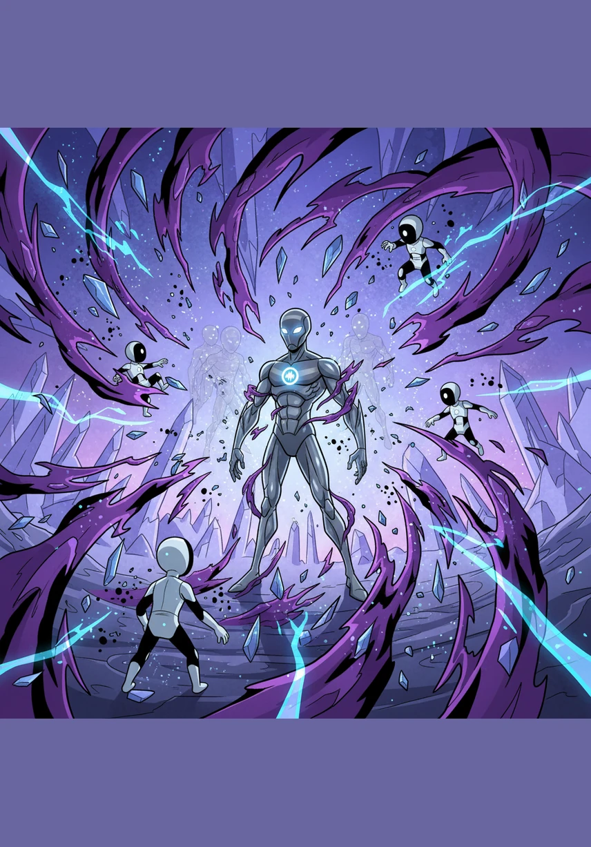 As he reaches the epicenter, the Fracture lashes out with jagged tendrils of discordant energy. The very fabric of space cries out in crystalline shards of sound, trying to unravel Echo’s molecular bond as he stands against the tide of entropy.