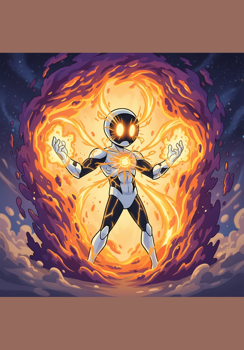 Echo plunges his hands into the searing energy of the tear, choosing to embrace the chaos rather than fight it. He opens the apertures on his face and chest, transforming his body into a powerful sinkhole of cosmic gravity to draw the destruction inward.