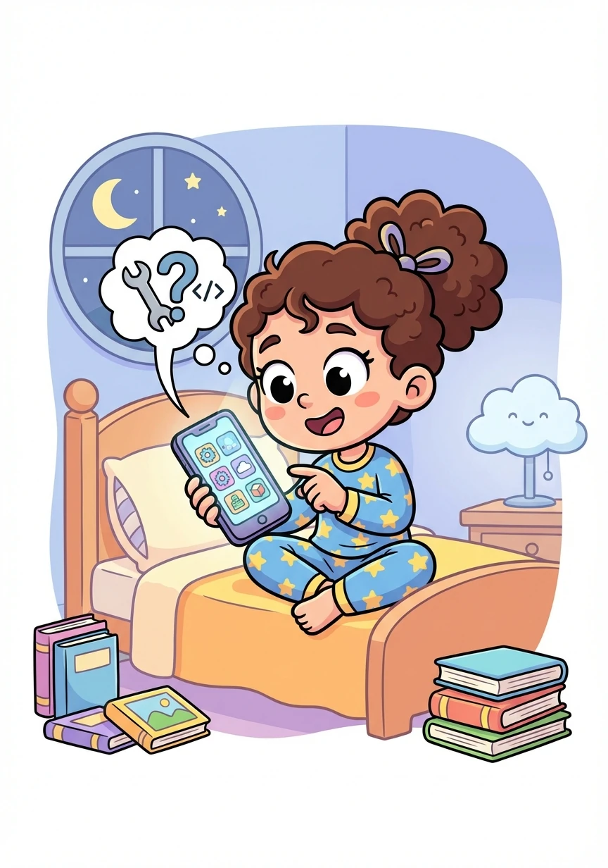 Era uma vez, em uma cidade colorida, uma menina curiosa chamada Aurora, que sempre se perguntava sobre tudo. Uma noite, antes de dormir, ela olhou para o celular da mãe e se perguntou: 'Como os aplicativos são feitos?'