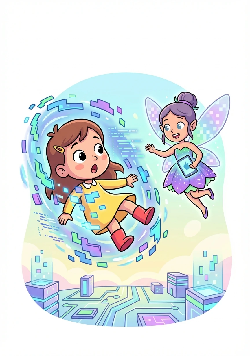 De repente, uma luz brilhante envolveu Aurora, e ela se viu em um mundo mágico feito de códigos e pixels! Uma fada sorridente apareceu, apresentando-se como a Fada dos Apps.