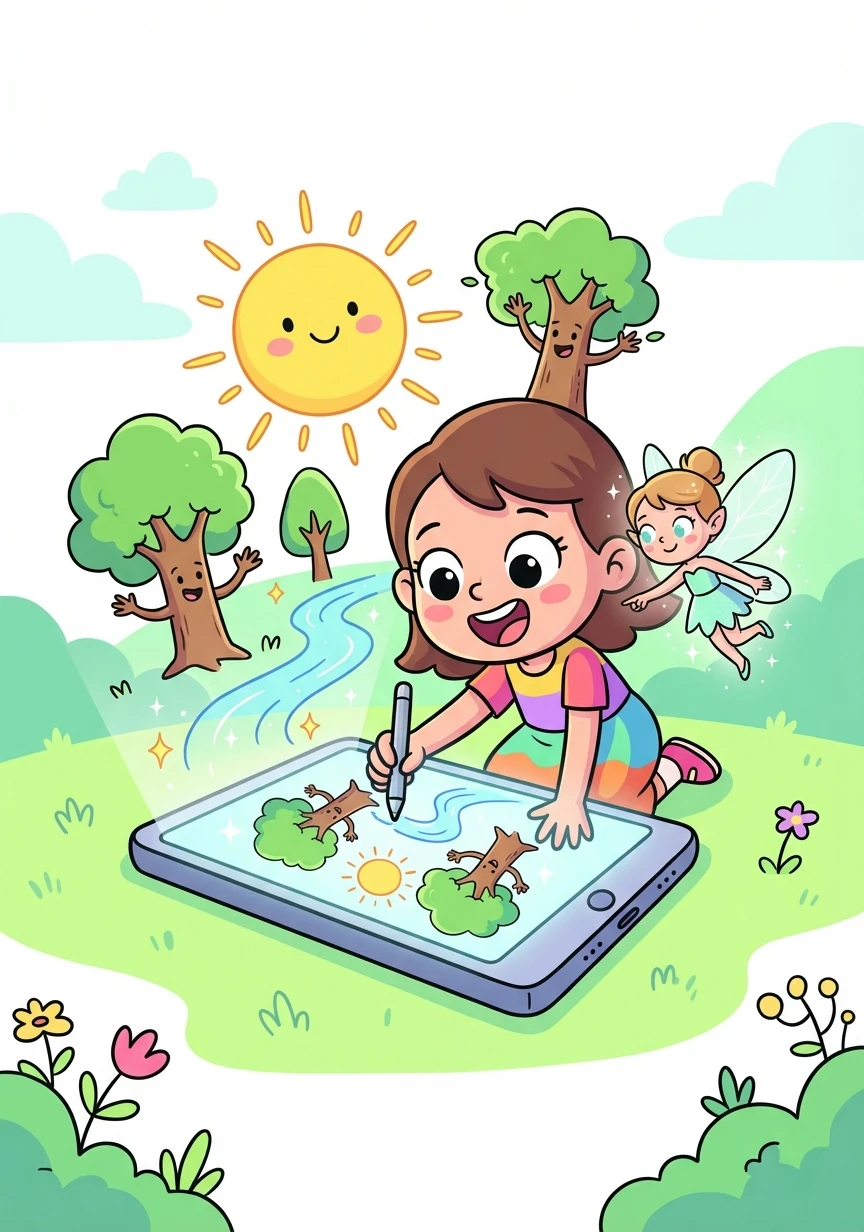 A fada então mostrou a Aurora como desenhar os personagens e as paisagens do aplicativo. Aurora criou um sol sorridente, árvores falantes e rios azuis cintilantes.