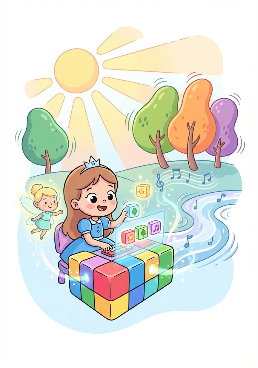 Depois, a Fada dos Apps ensinou Aurora a programar, usando blocos coloridos que representavam diferentes ações. Aurora fez o sol brilhar, as árvores dançarem e os rios cantarem.